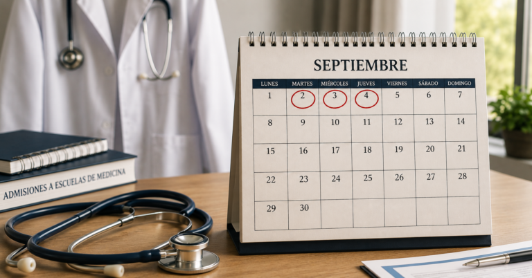 Calendario de septiembre 2026 con fechas clave marcadas junto a estetoscopio y bata blanca, símbolo del plazo para empezar Medicina